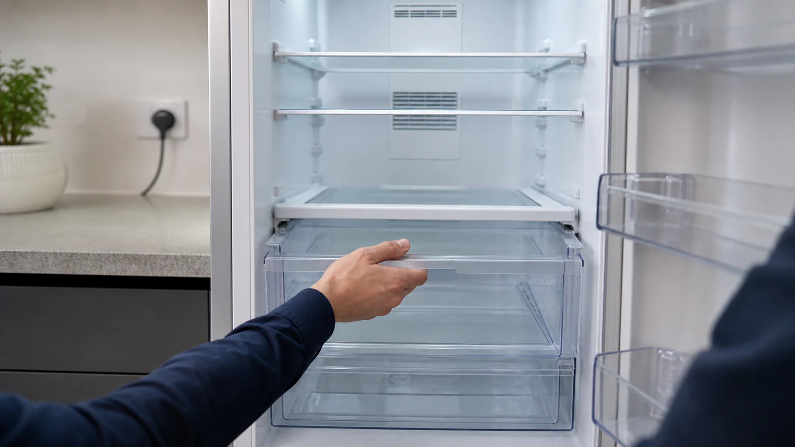 An open box of baking soda placed on a shelf inside a clean refrigerator interior.