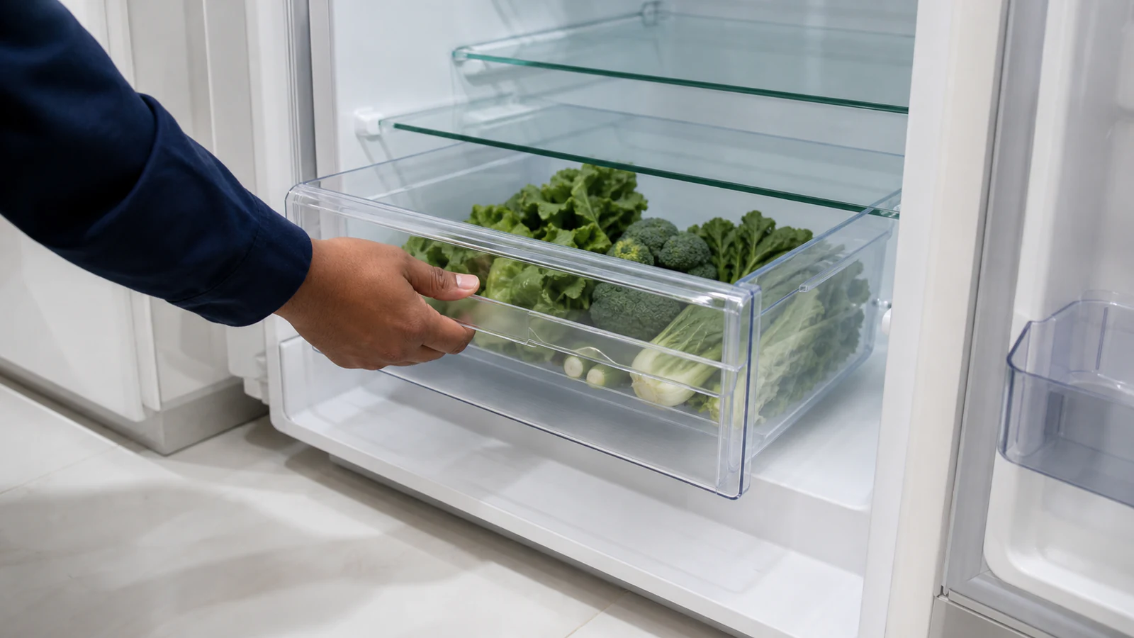 A hand checking underneath the vegetable drawer of a refrigerator to inspect for water pooling.