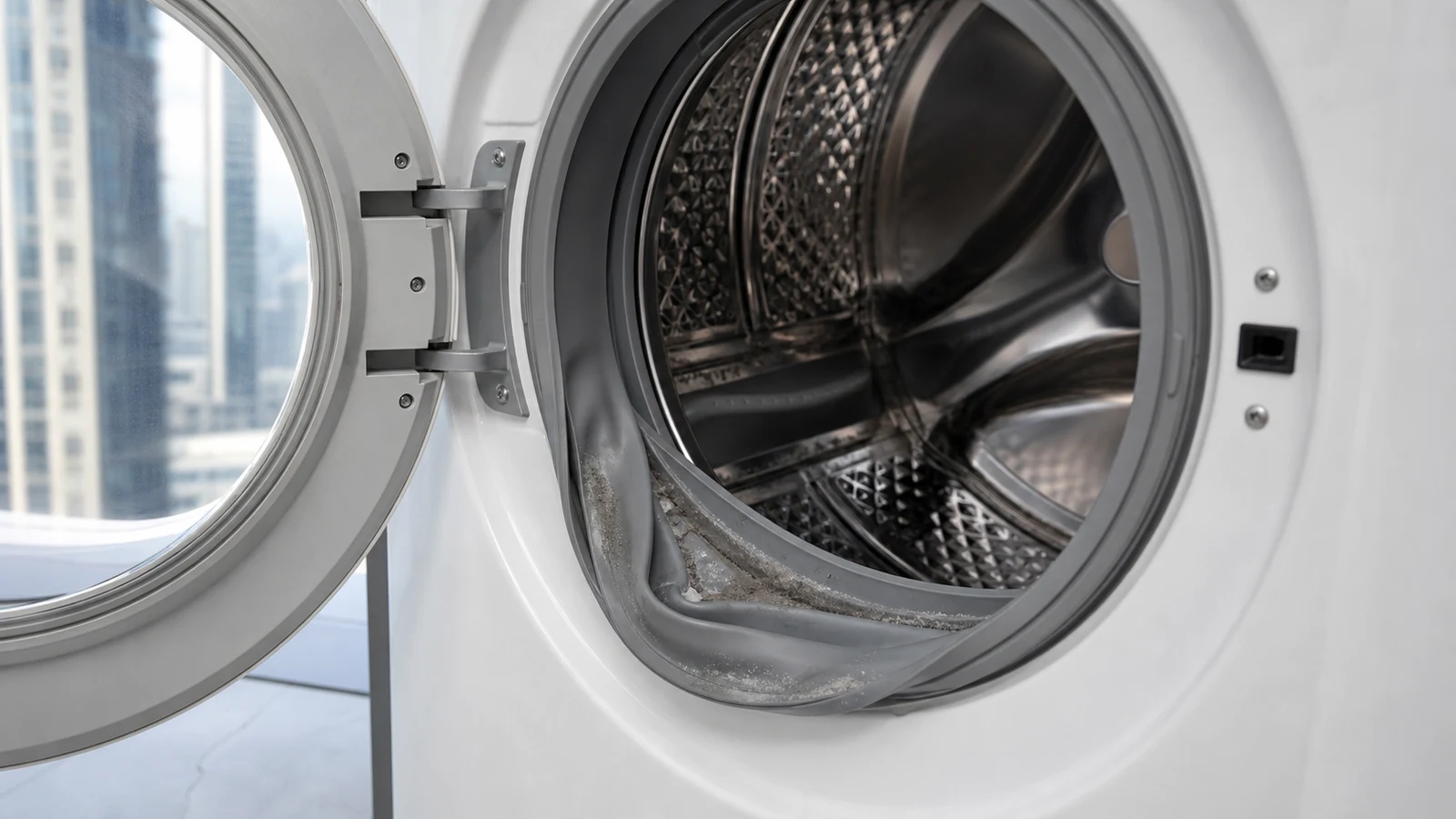 Open washing machine door revealing rubber gasket with visible lint and residue around the seal