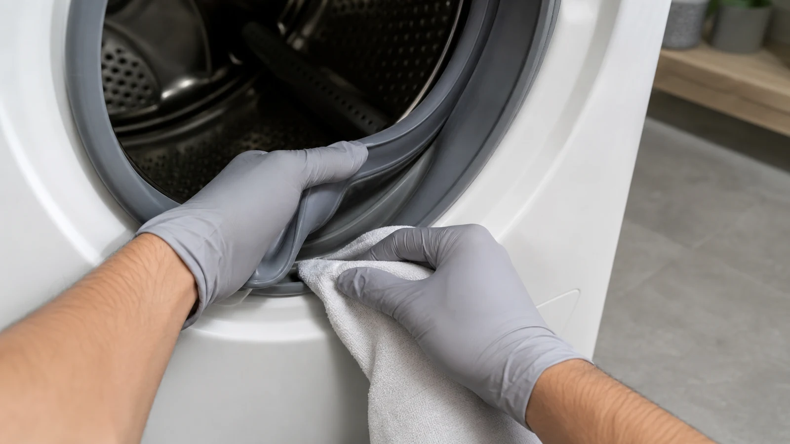 Hands gently peeling back the rubber gasket fold while wiping underneath with a damp microfibre cloth