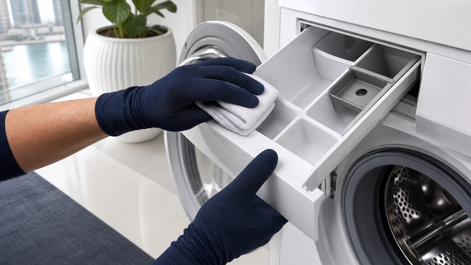 Hand pouring descaler powder into the open detergent dispenser drawer of a washing machine