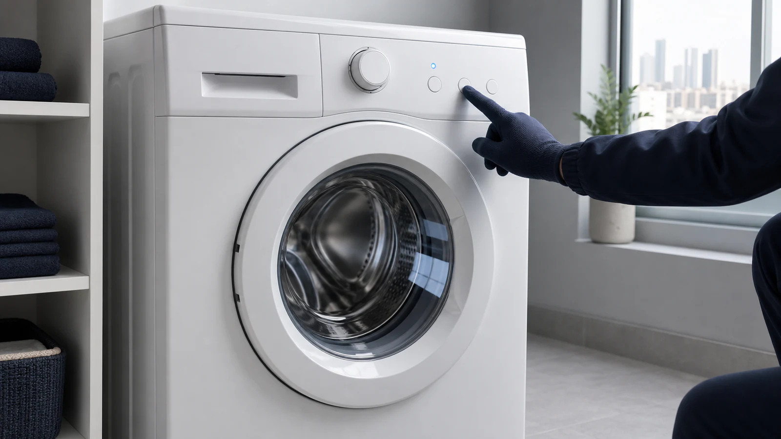 Hands opening the small pump filter door at the base of a washing machine, with a shallow tray positioned underneath to catch water