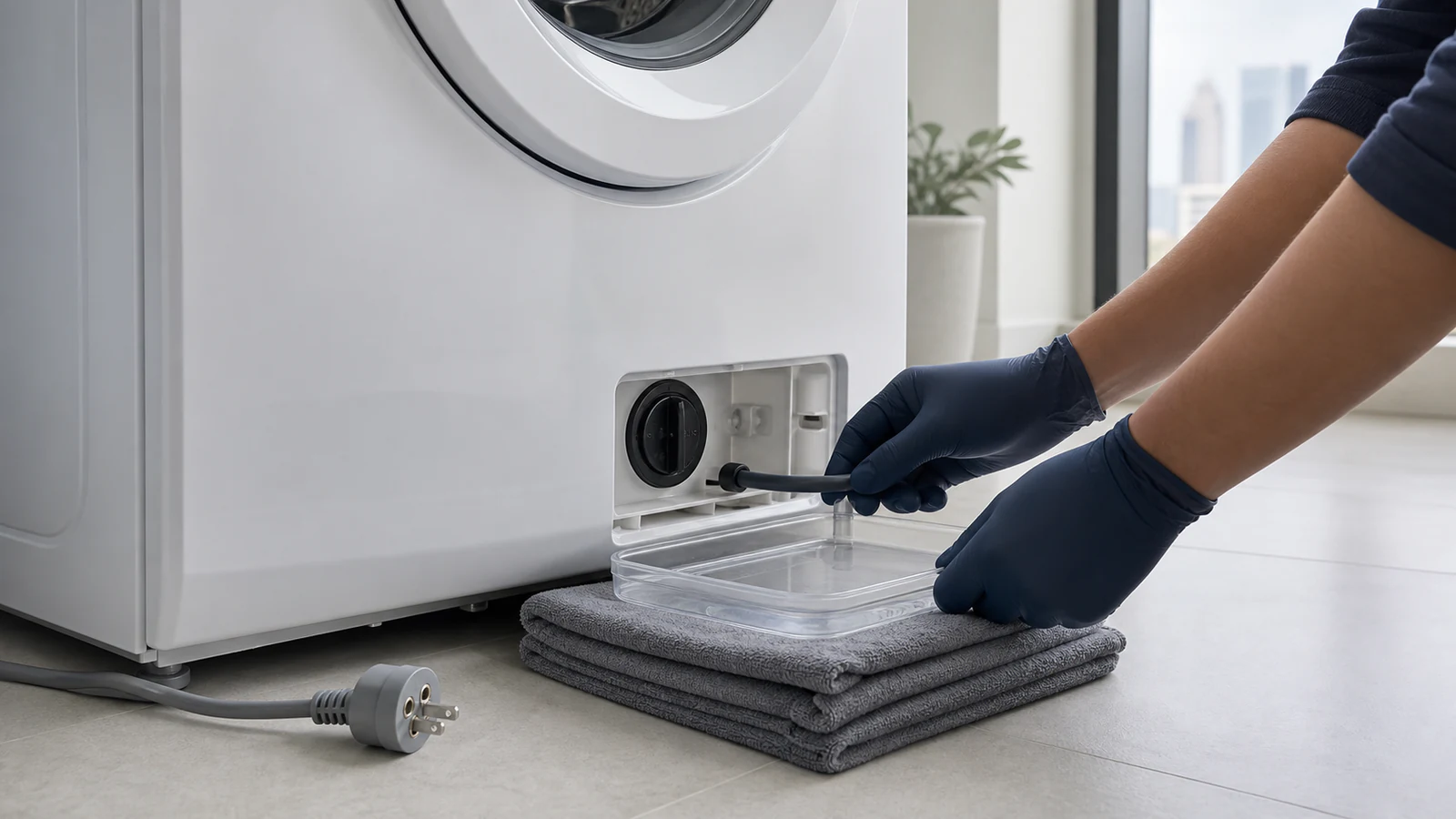 Hands holding an open cylindrical washing machine filter under running tap water, with lint and debris visible inside the mesh