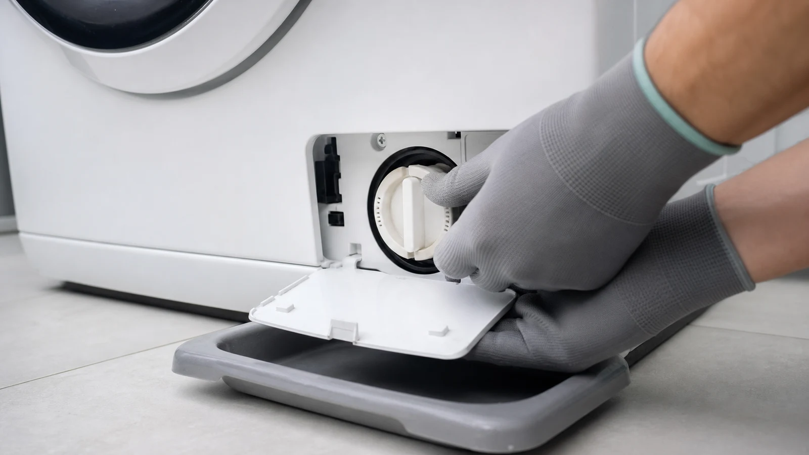 Hands screwing a clean cylindrical filter back into the pump chamber of a washing machine, filter door open