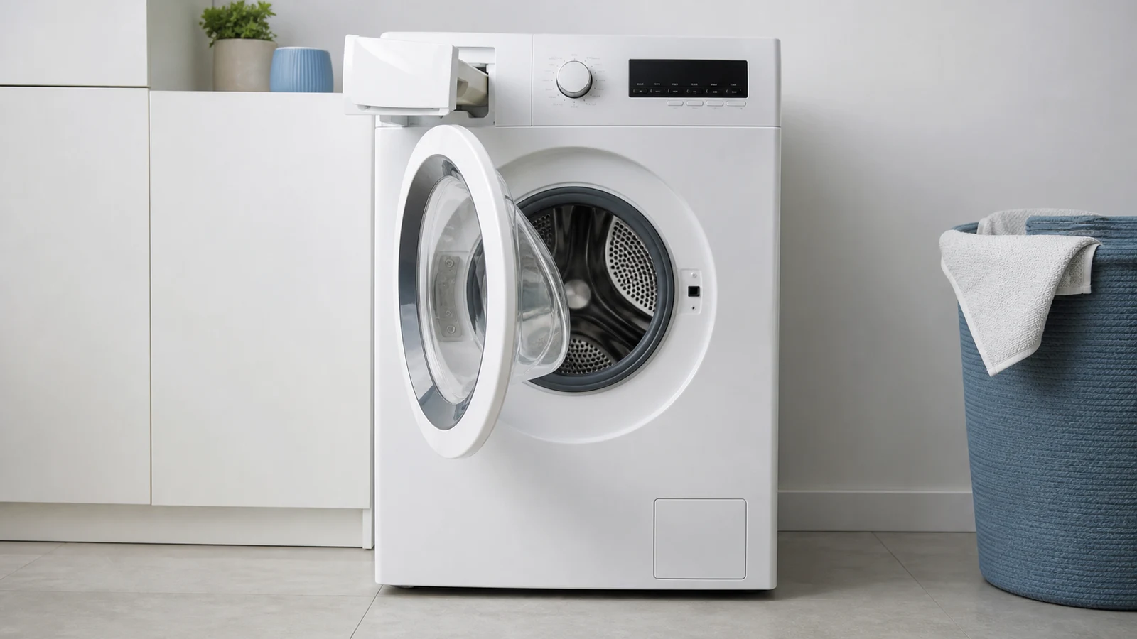 Clean washing machine airing with the main drum door and detergent drawer ajar while the lower filter flap remains closed.