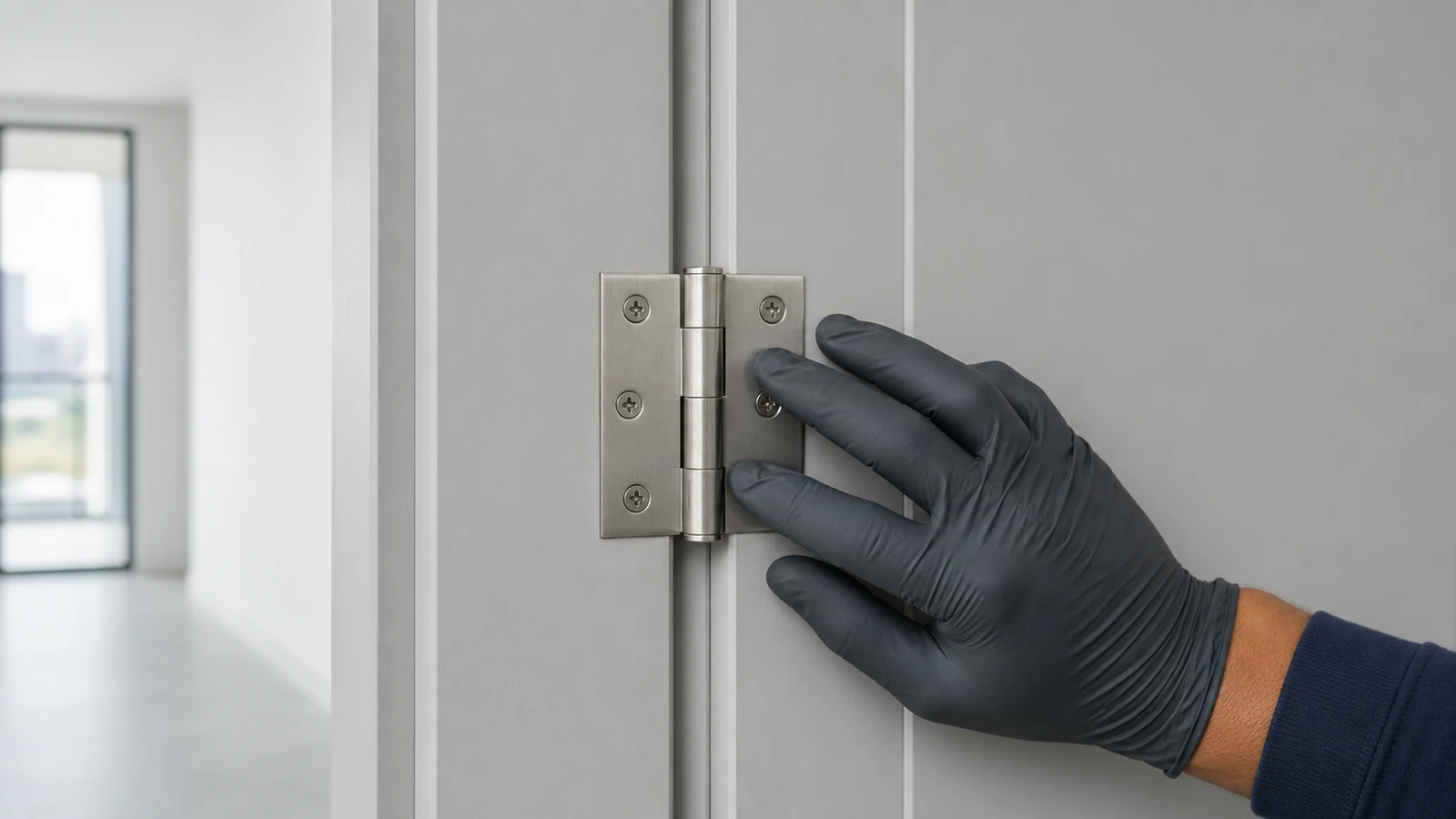 A fully seated interior door hinge being inspected in natural light before a maker-approved lubricant is applied.