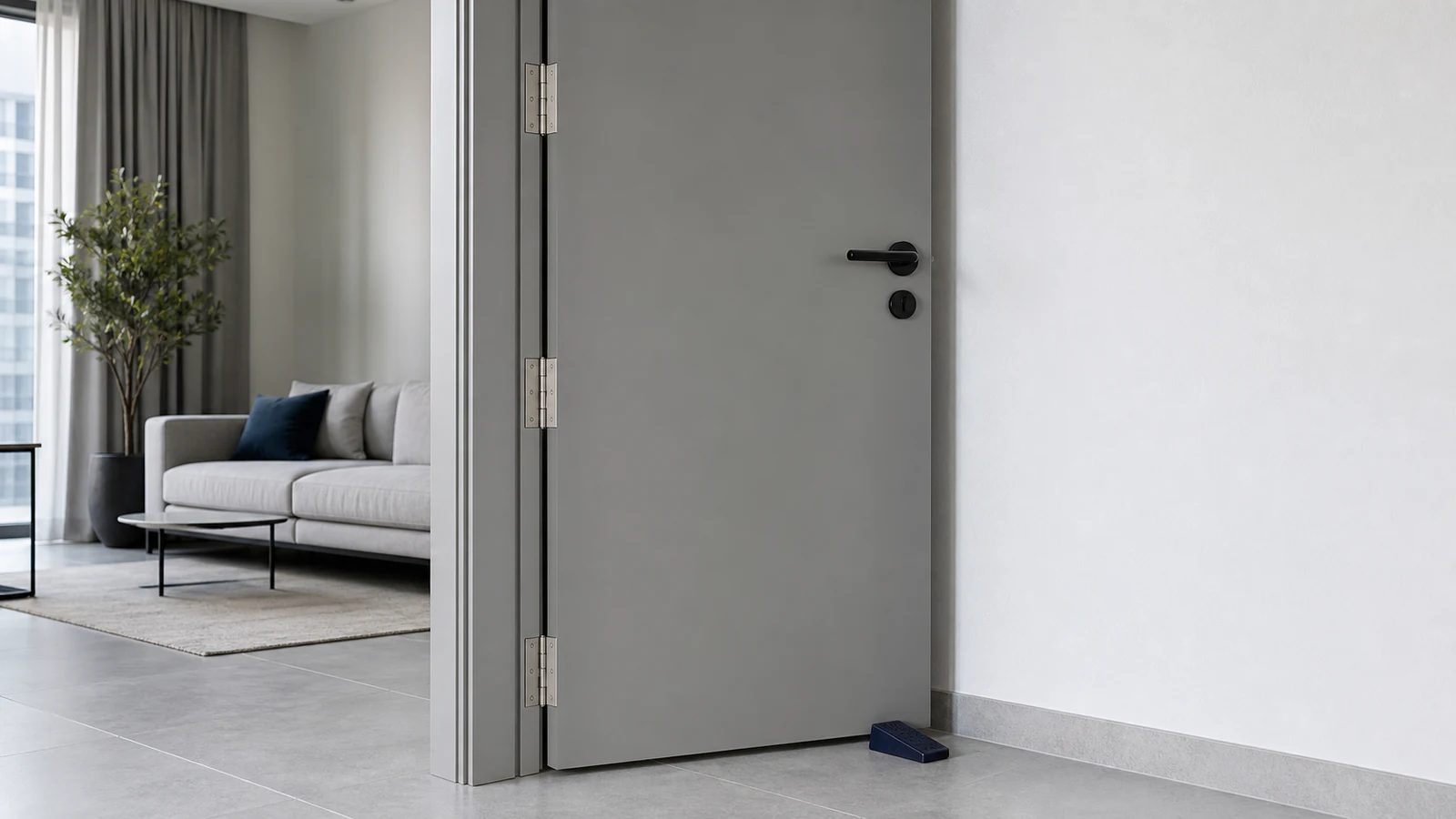 An interior door held fully open with a wooden wedge underneath, showing the three hinges clearly visible along the door edge.