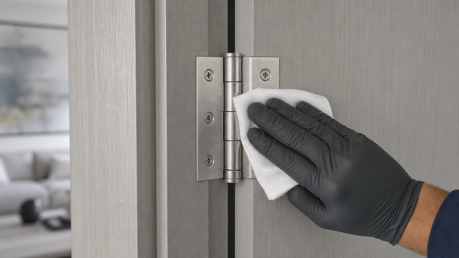 A dry lint-free cloth cleaning dust from a fully seated door hinge pin and knuckles without tools or disassembly.