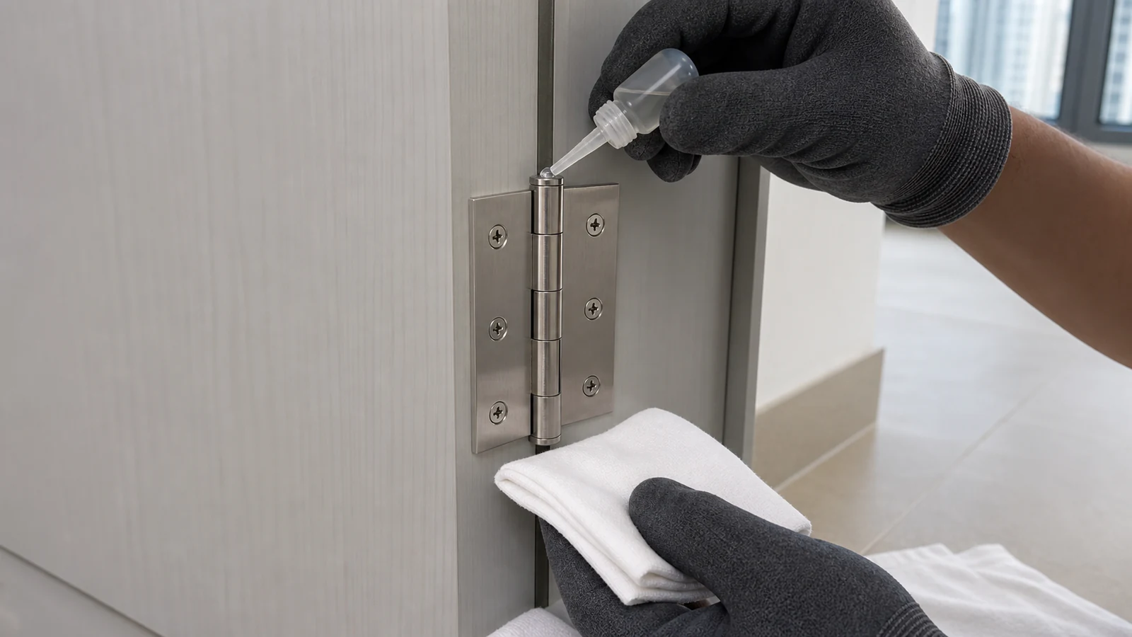 A precision dropper applying one tiny clear drop to the top knuckle of a fully seated hinge while a cloth protects the floor below.
