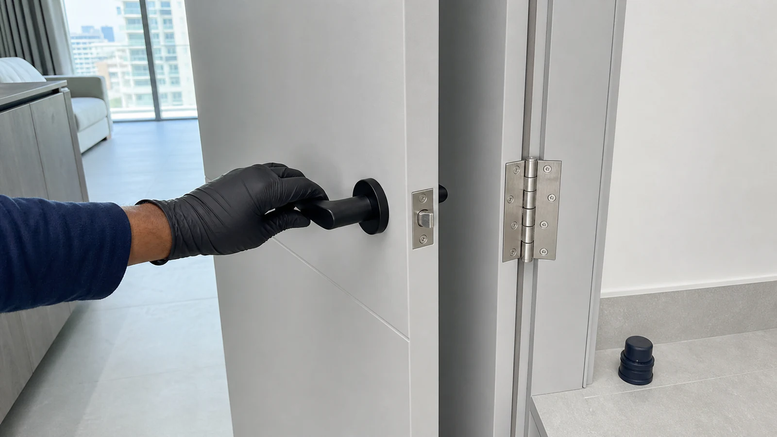 A door hinge with the pin fully seated, the door being slowly opened by a hand on the handle, showing smooth movement without binding.