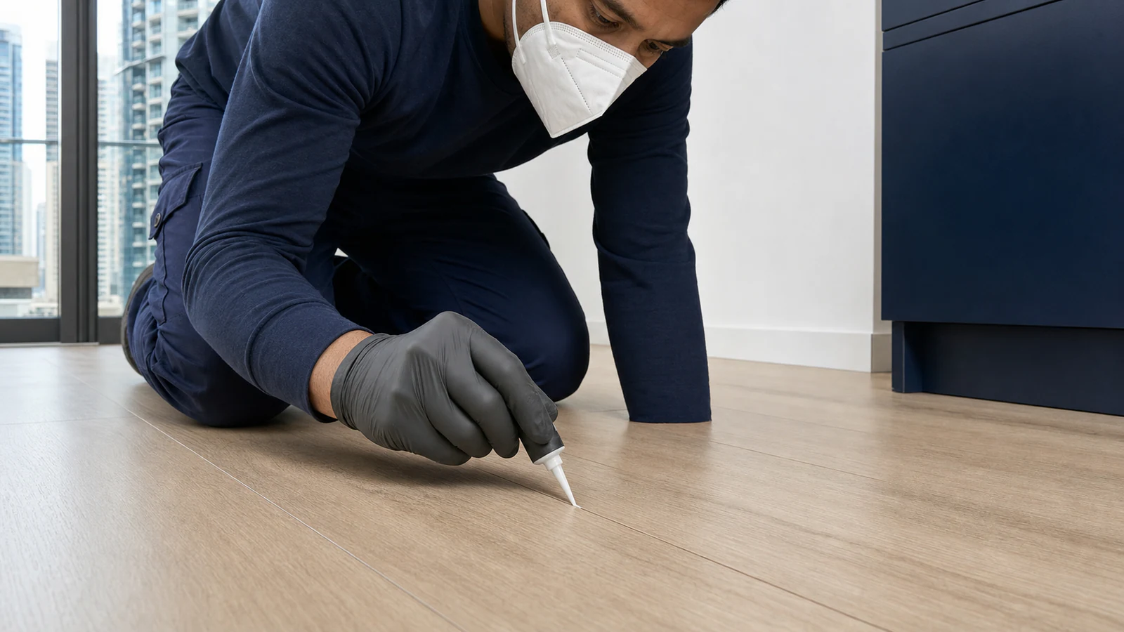 Close-up of talcum powder being applied into a seam between laminate floor boards with a soft brush.