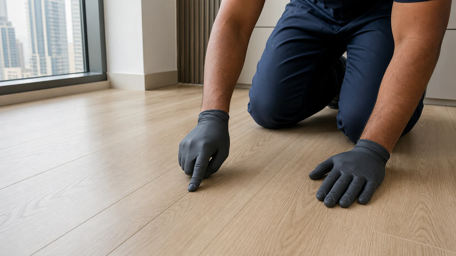 Hand holding a flooring warranty document or installation guide, checking the text.