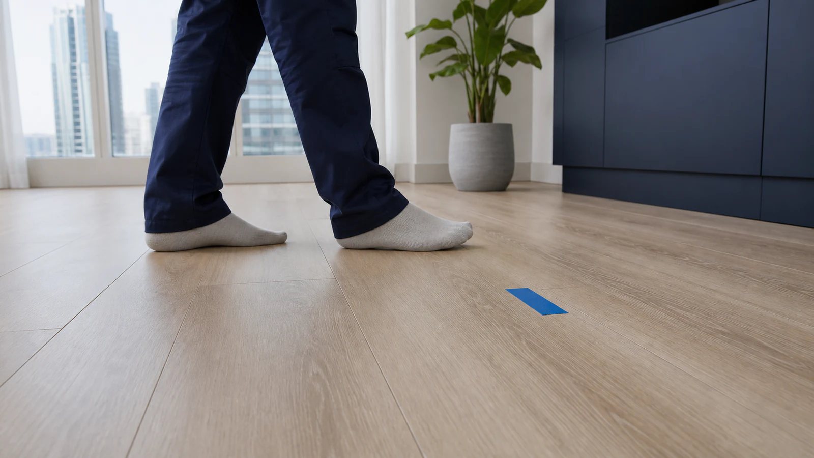 A person wearing socks stepping slowly on a laminate floor, with painter's tape marking one plank.