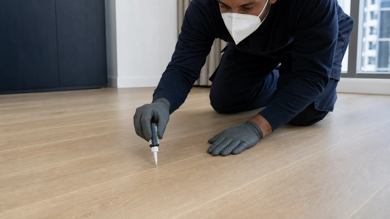 A narrow applicator held directly at a laminate seam to release a tiny controlled amount of maker-approved dry lubricant without airborne dust.