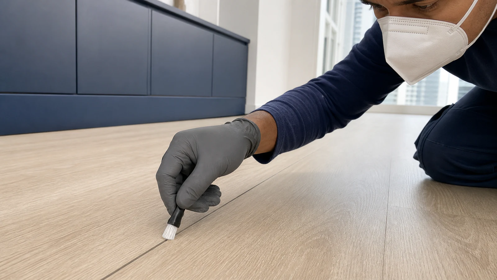 A soft-bristled brush being used to work talcum powder into a laminate floor seam.