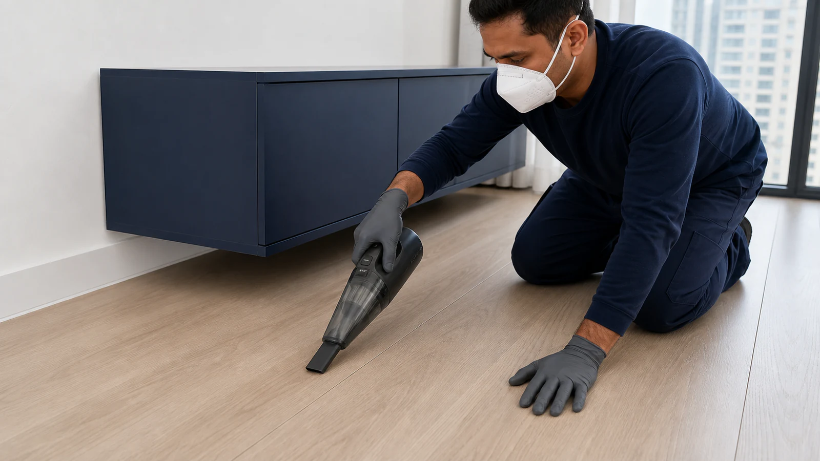 A handheld vacuum being used to clean talcum powder residue from a laminate floor around the treated seams.