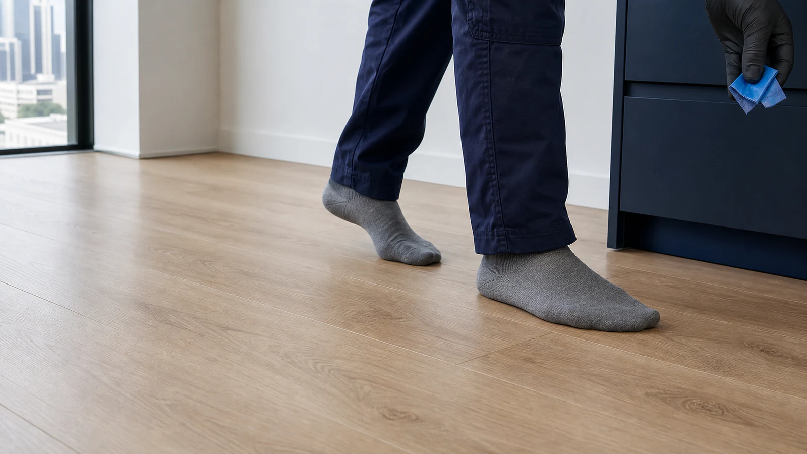 A person in socks walking across a laminate floor, stepping on the previously treated plank.
