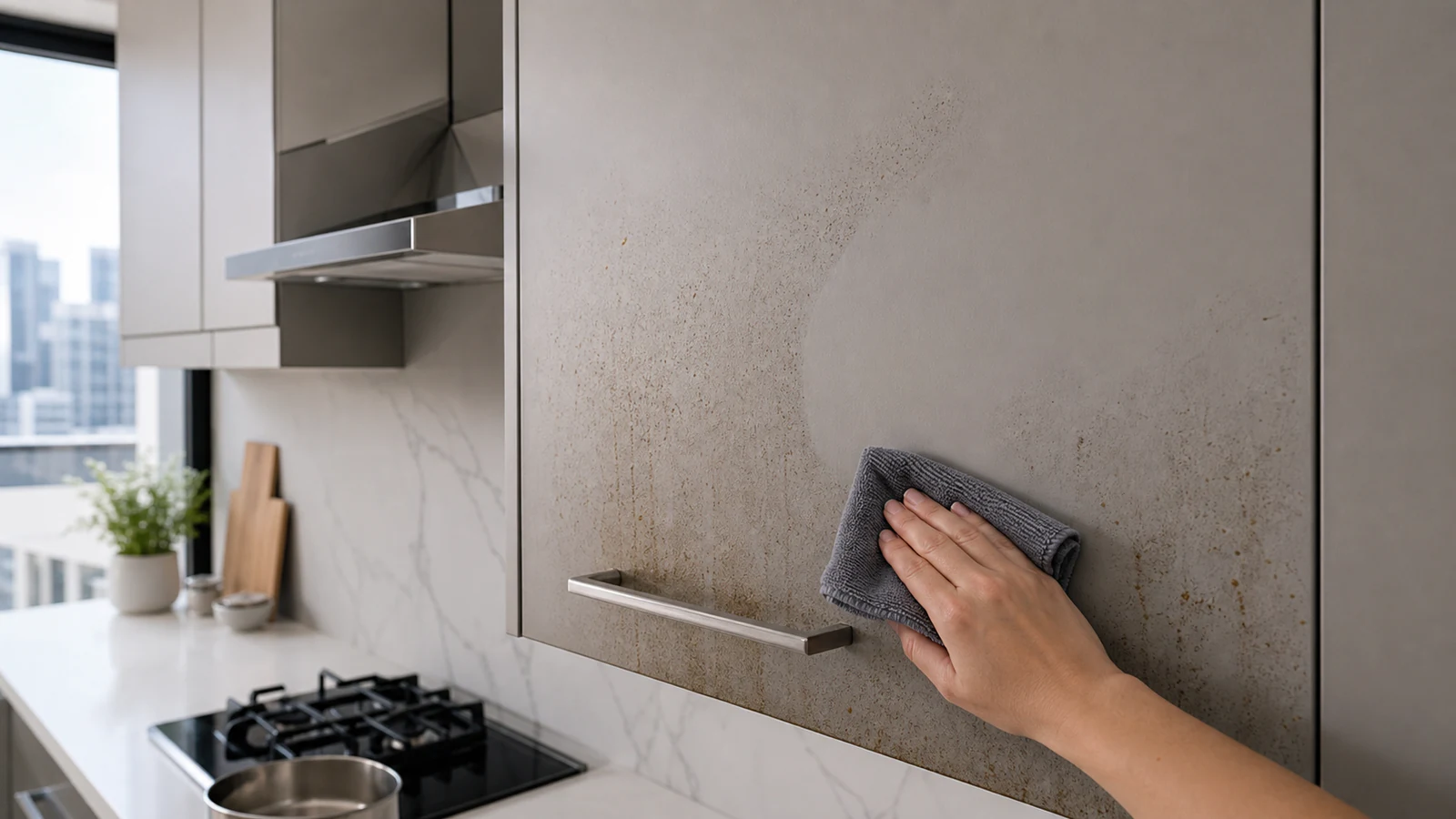 Kitchen cabinet door showing half clean and half sticky, greasy surface in natural daylight