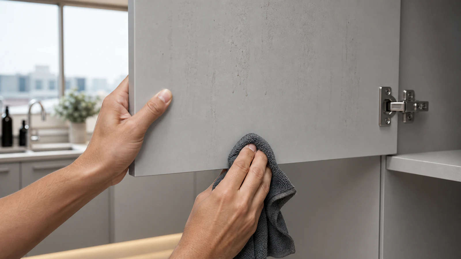Hand with microfibre cloth testing inside edge of lower cabinet door with soapy water