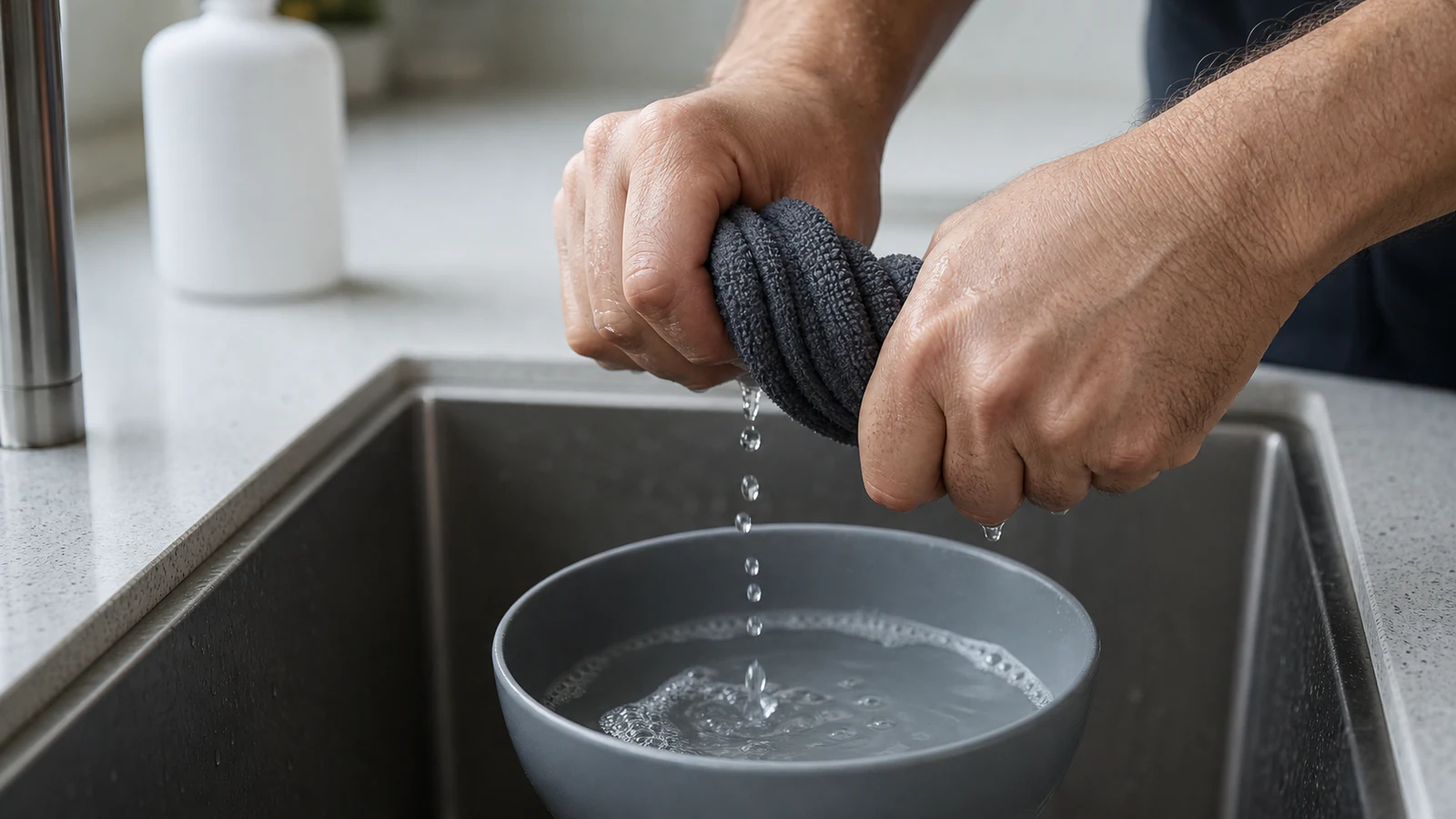 Hand wringing out microfibre cloth over a small bowl of soapy water in a kitchen sink