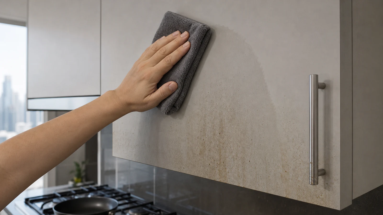 Hand with microfibre cloth wiping kitchen cabinet front in downward circular motions