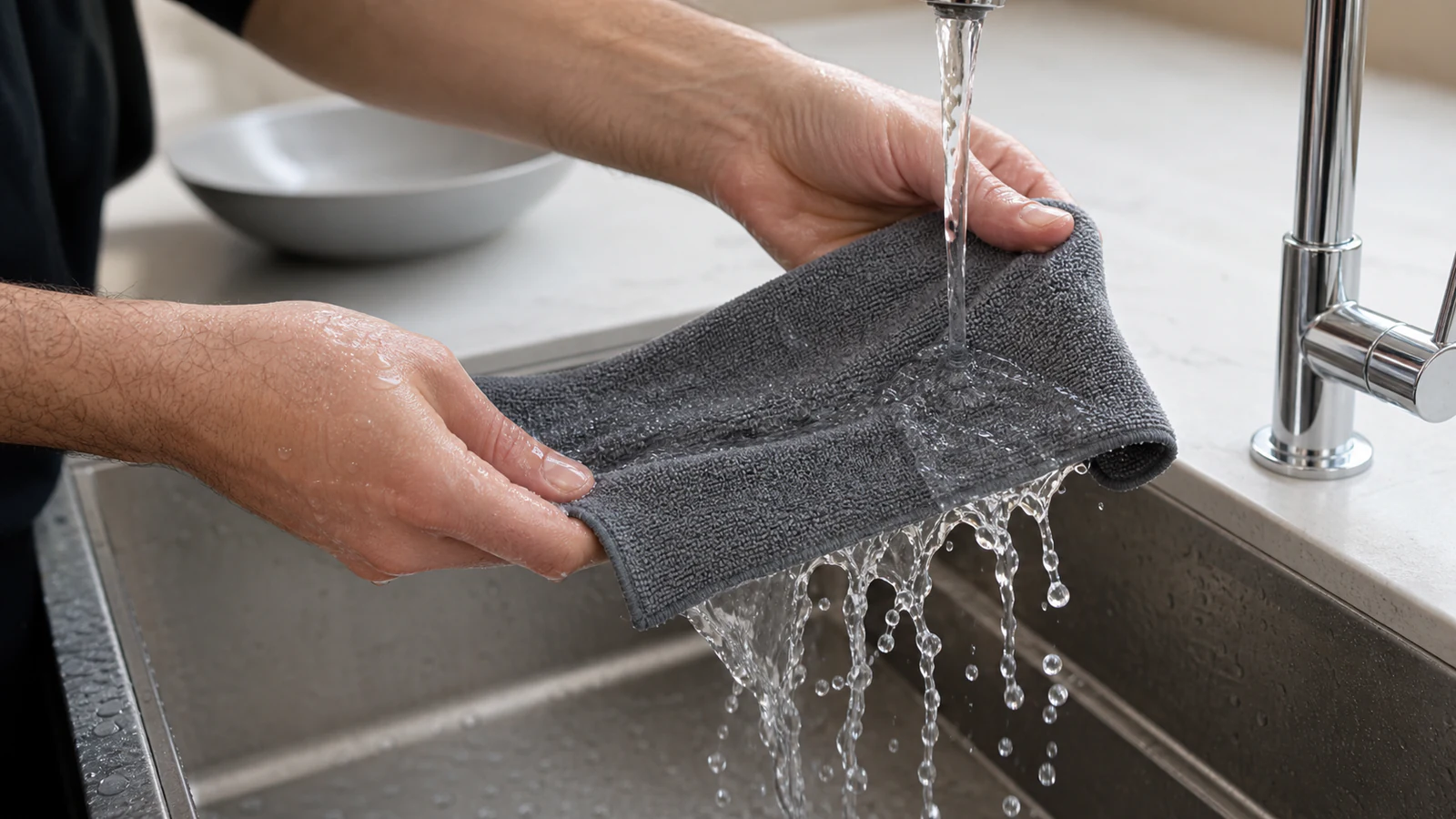 Clean microfibre cloth rinsing under tap water, water running clear