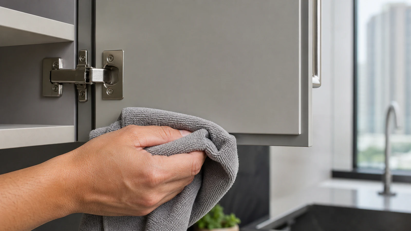 Hand with dry microfibre cloth drying cabinet door surface, including seams and hinges