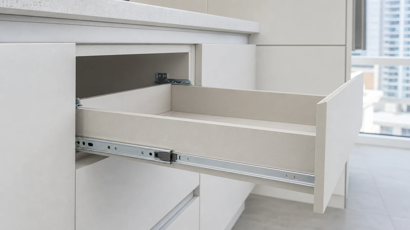 An open kitchen drawer with metal runners visible, showing the release tab at the rear of the slide mechanism.