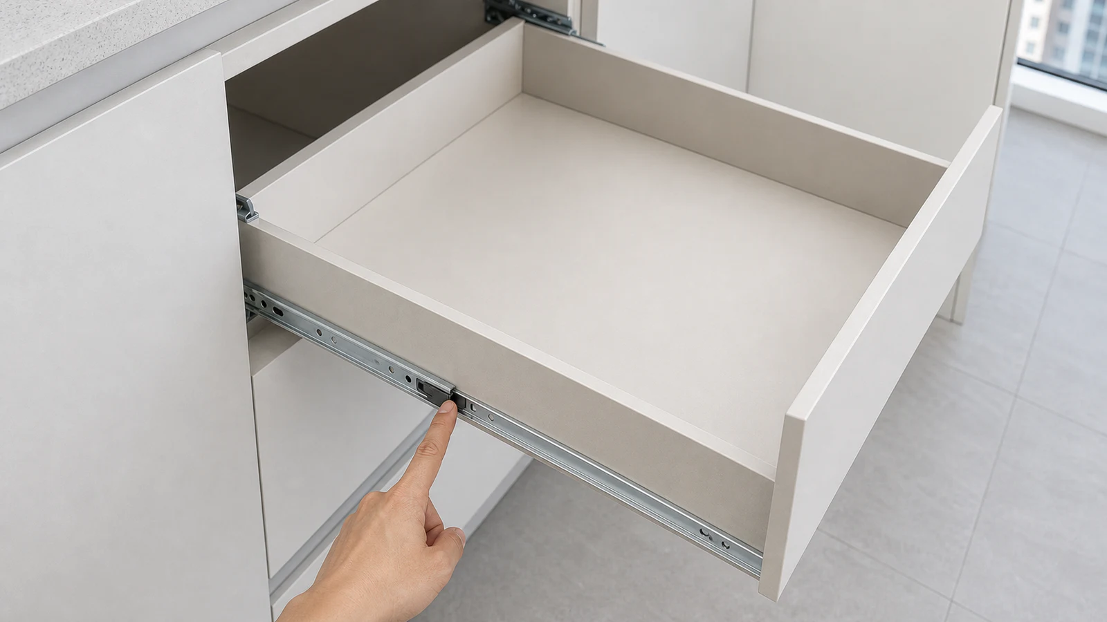 An empty kitchen drawer pulled open to full extension, showing the release tabs clearly visible on the inside edges of the metal slides.