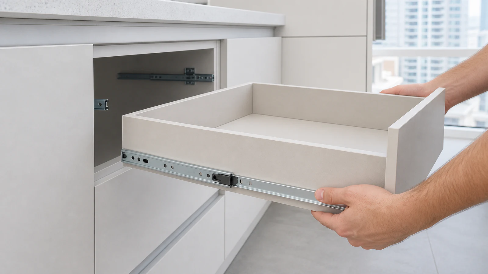 A kitchen drawer being carefully withdrawn from the cabinet, with both thumbs pressing the release tabs on the metal slides.