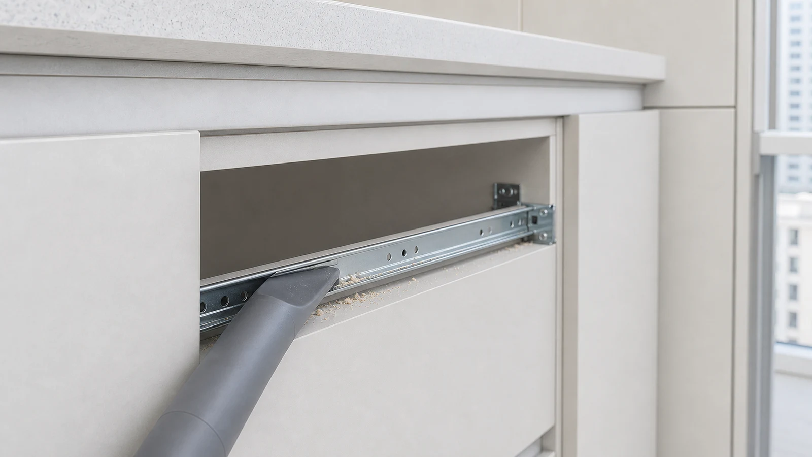A vacuum hose being used to clean the left metal runner inside a kitchen cabinet, with debris visible being drawn into the hose.