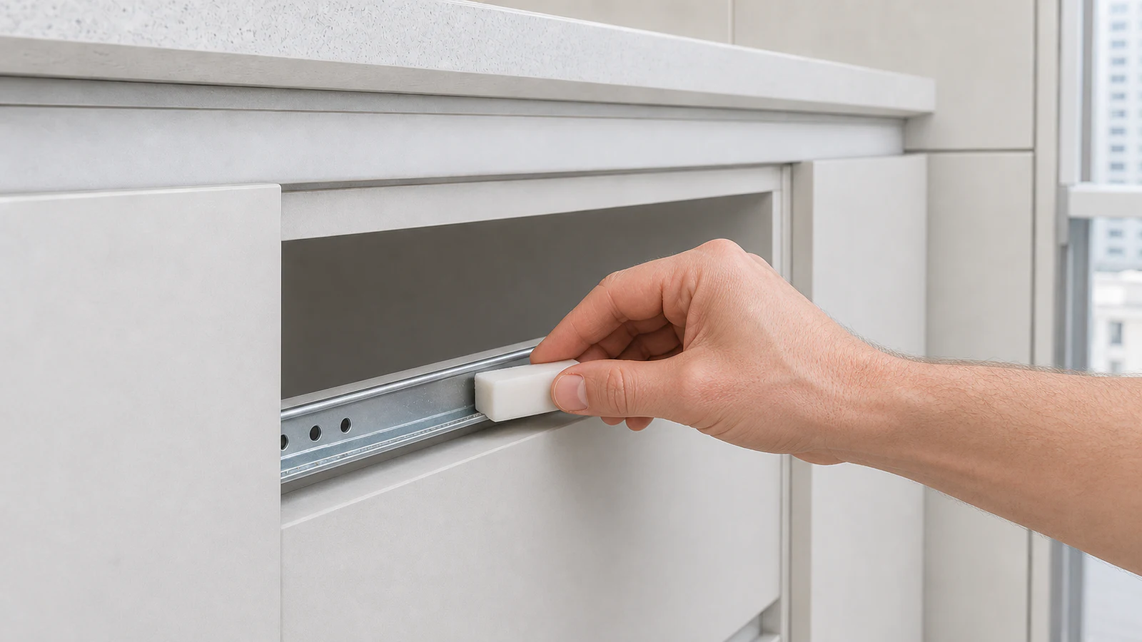A clean identified drawer runner is inspected without adding wax or spray lubricant.