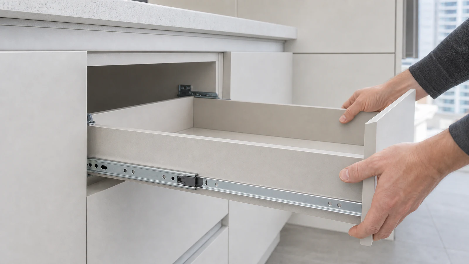 A kitchen drawer being carefully slid back into the cabinet, aligned with both metal runners.
