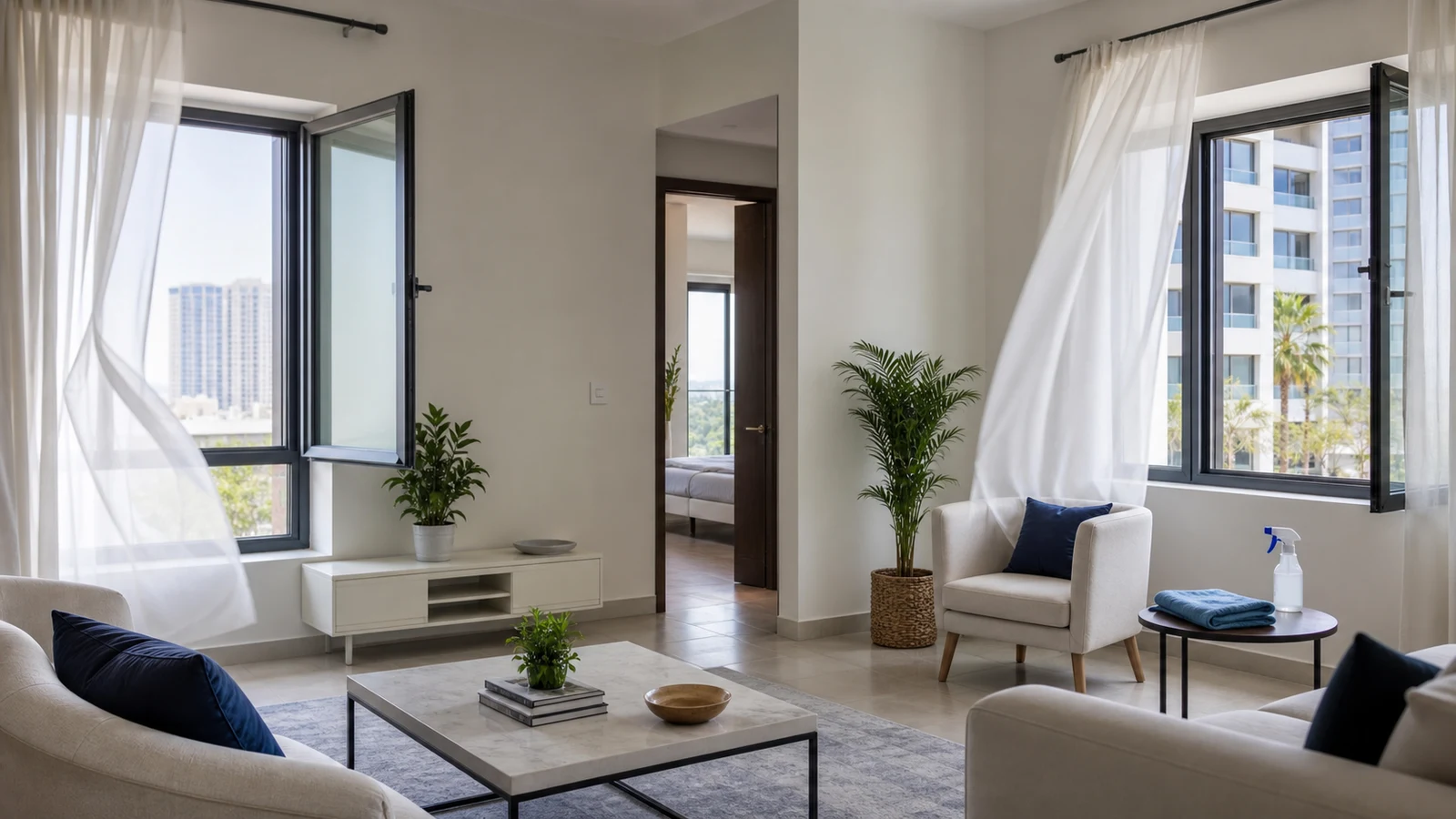 Bright apartment living room with large open windows, sunlight streaming across neutral furniture and empty surfaces ready for cleaning.