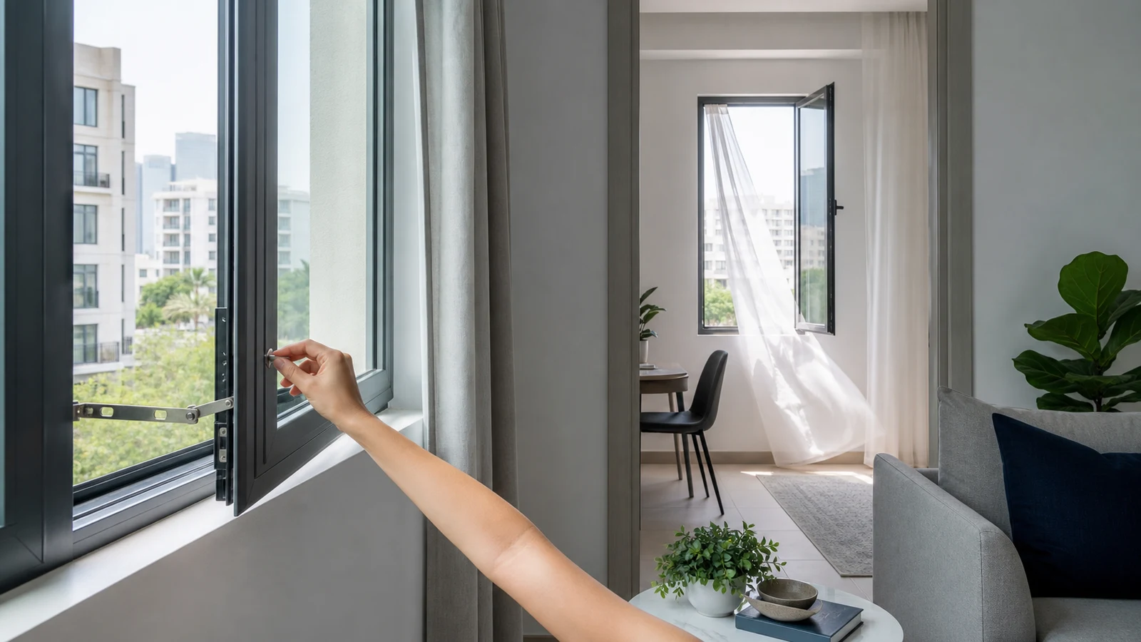 Living room with two windows open at opposite ends, early morning light streaming in, gauze curtains gently moving with air flow.