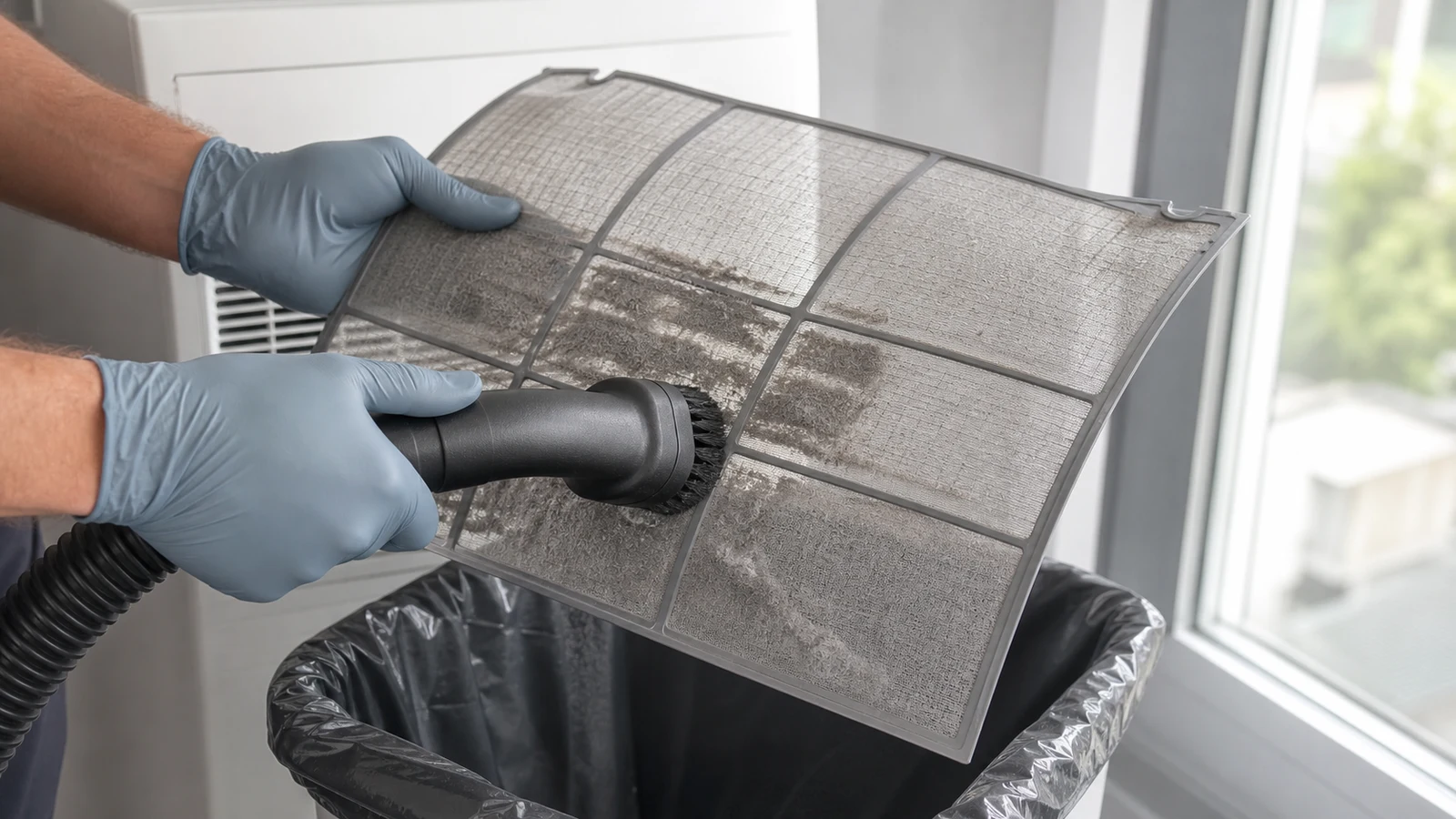 A dusty AC filter held over a lined waste bin while a soft brush vacuum attachment removes the dust.