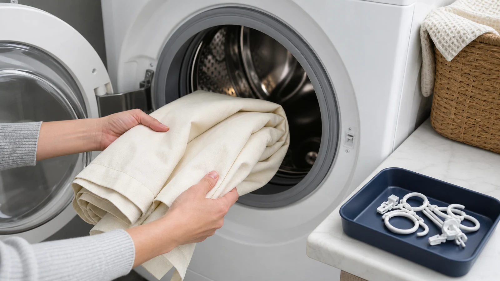 Hands placing folded, damp curtain fabric into an open washing machine drum, white cloth clearly visible, natural light from window.