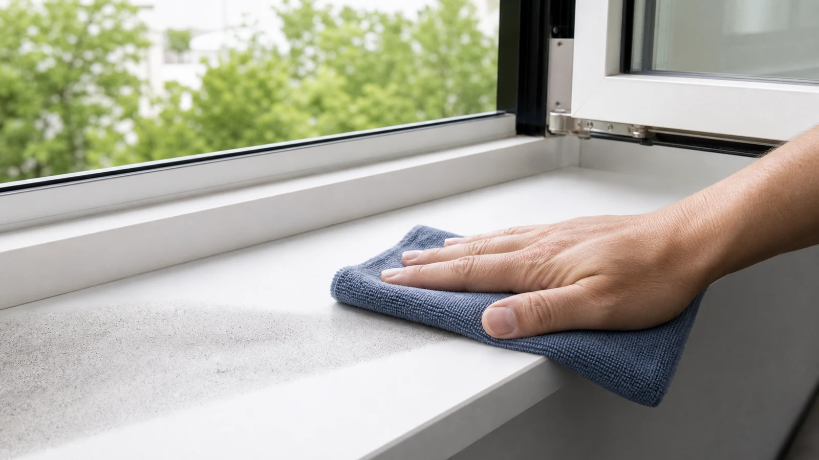 Hand holding a damp grey microfibre cloth, wiping a wooden shelf containing a few decorative items, natural light from window.