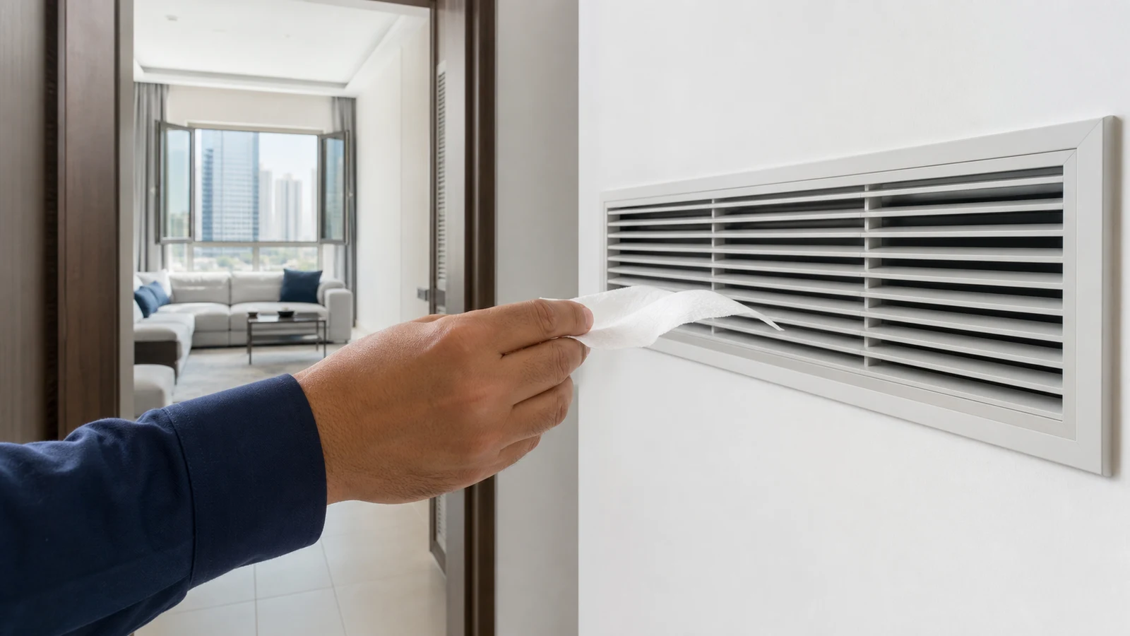 A hand holding a clean tissue near the AC return grille while checking whether a local odour remains after airing.