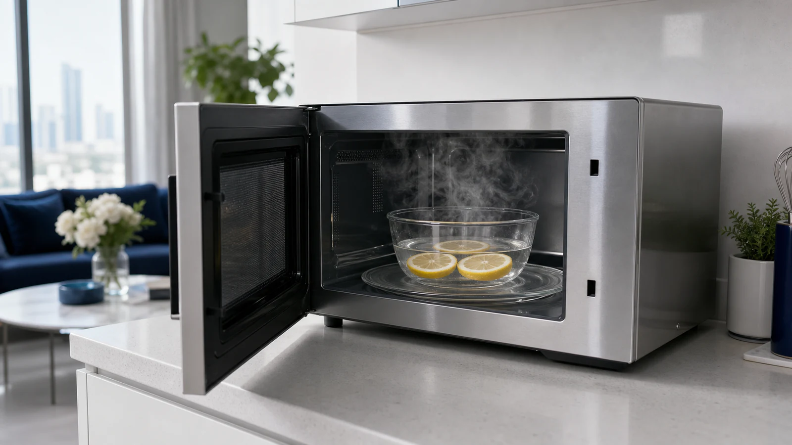 A wide microwave-safe bowl of measured water positioned for a model-approved steam-clean programme.
