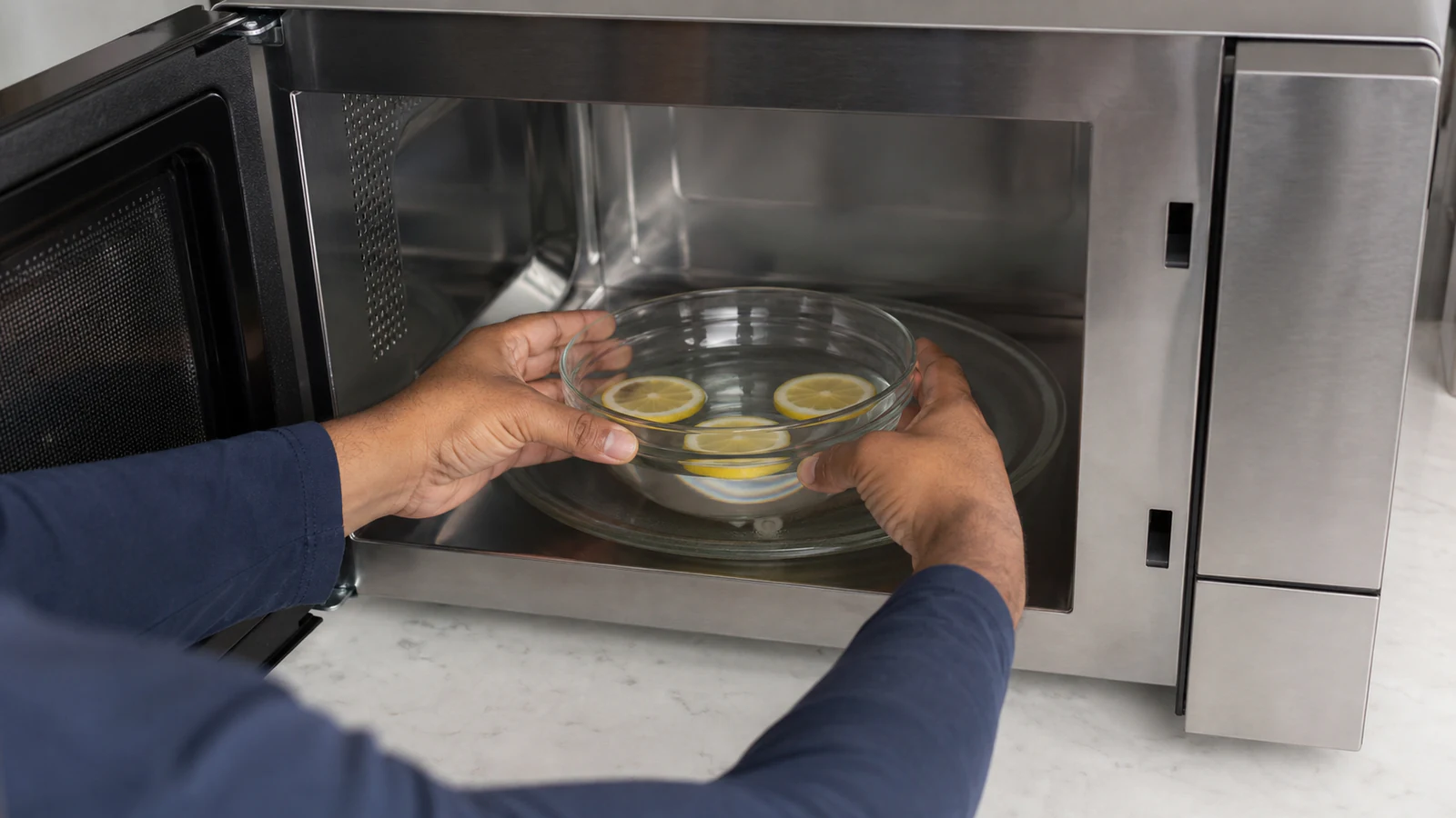 Measured water in a large microwave-safe glass bowl, with lemon omitted unless the model instructions require it.