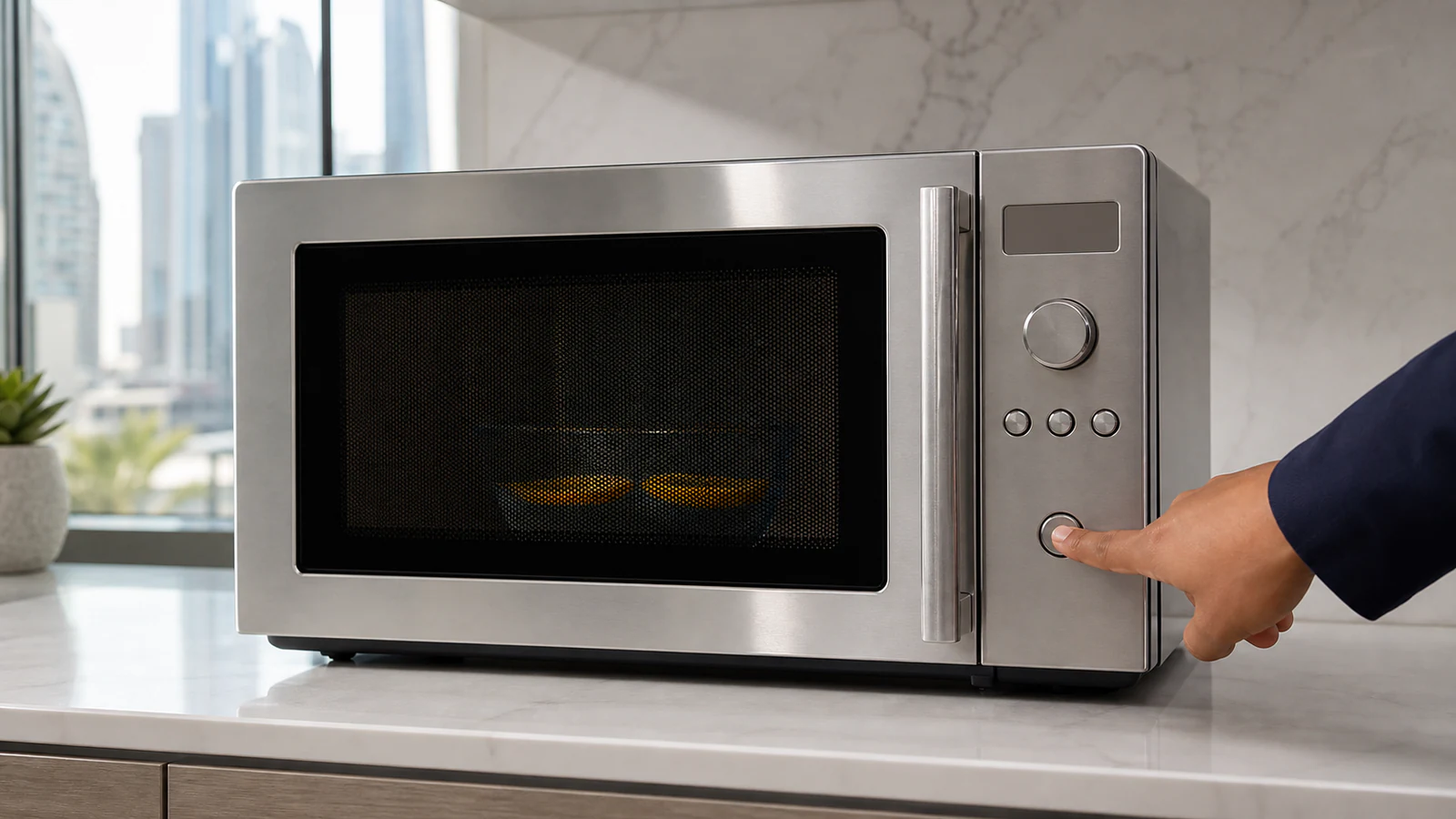 A hand starting the model-documented microwave cleaning programme while the water bowl sits securely inside.