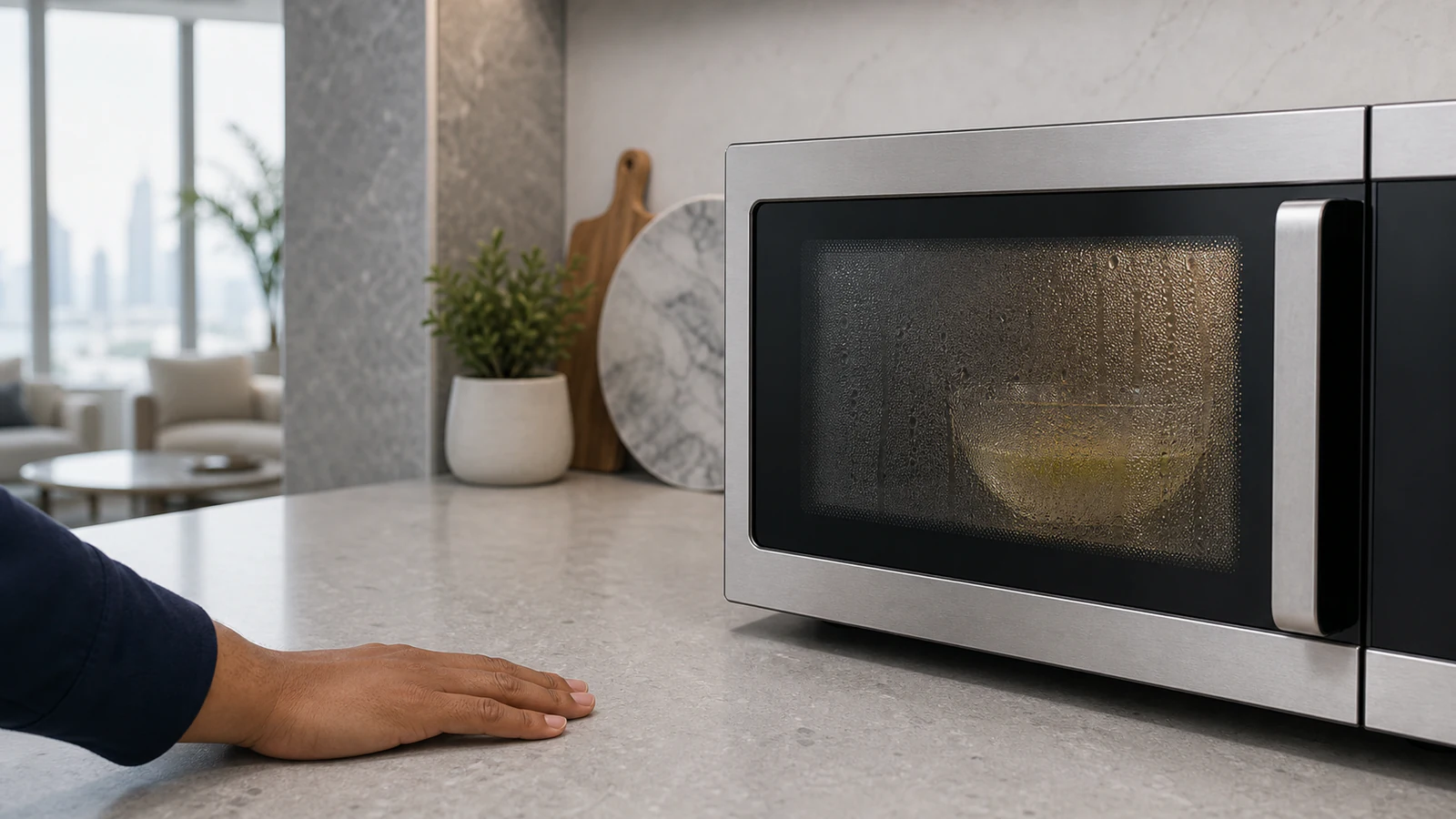 The microwave door remains closed while condensation settles around a stable water bowl.