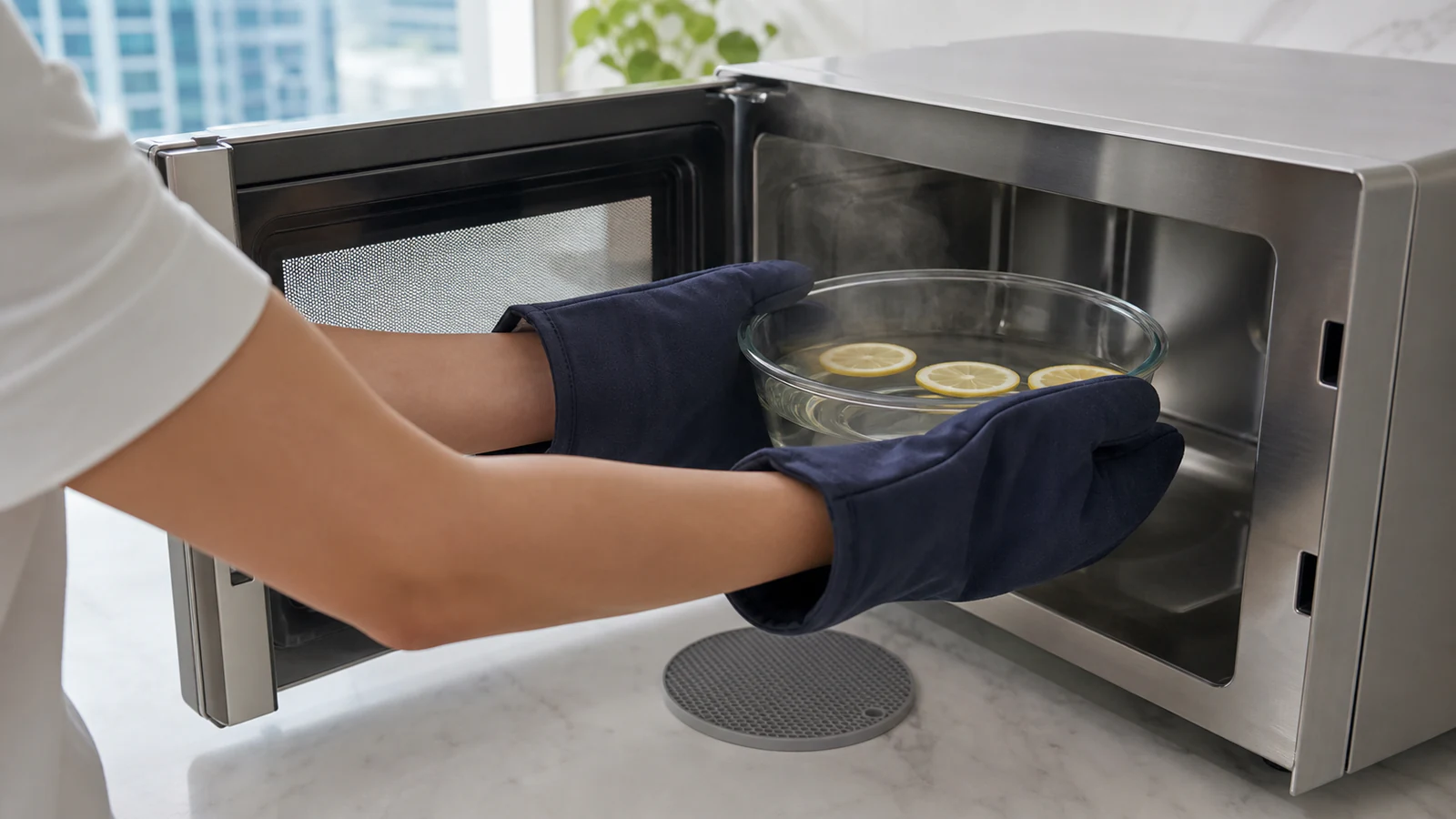 Gloved hands gripping the sides of a steaming bowl and lifting it out of an open microwave cavity, steam visible.