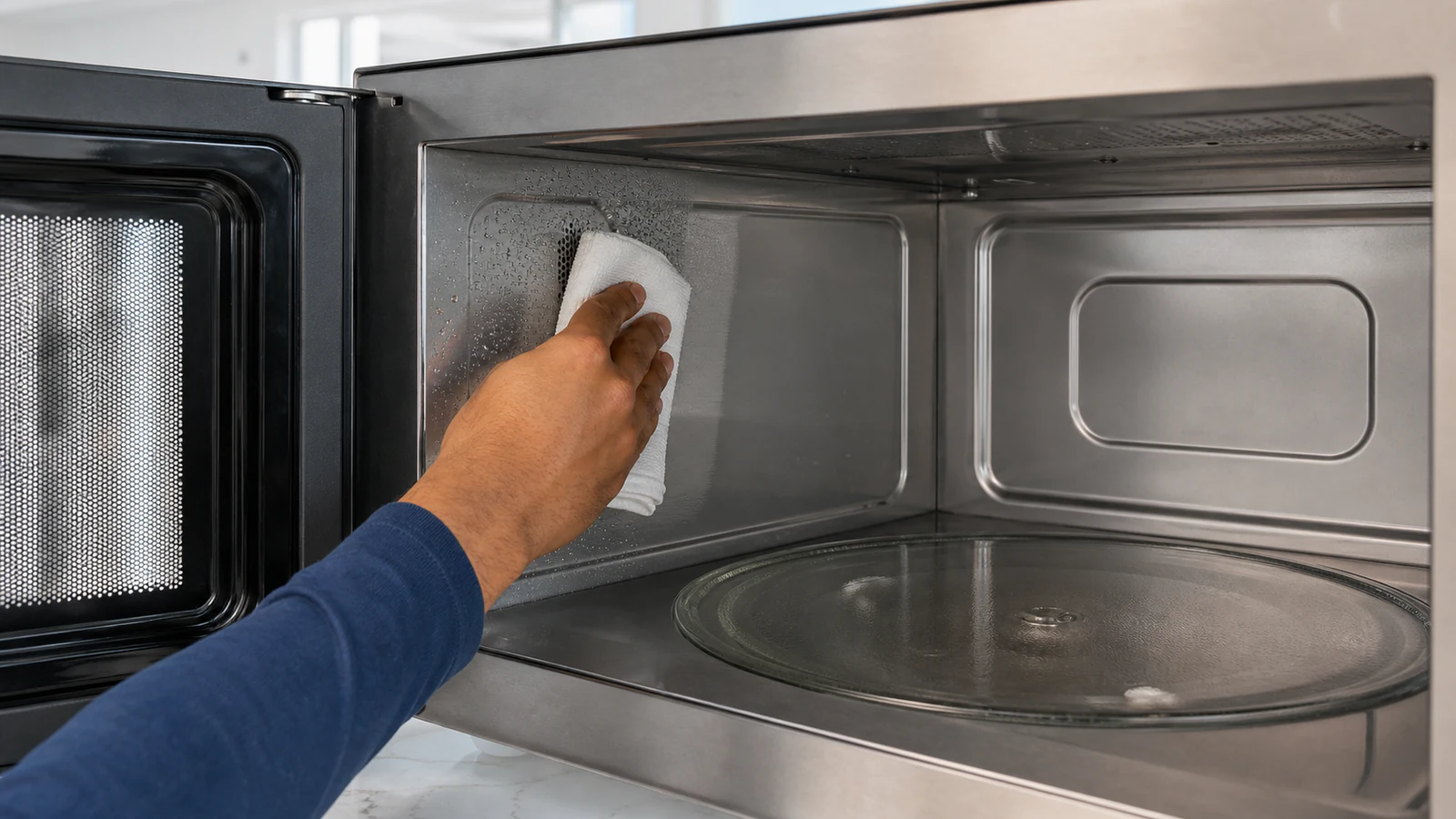 A hand holding a damp microfibre cloth wiping the interior wall of a microwave cavity, visible steam residue and softened soil being removed.