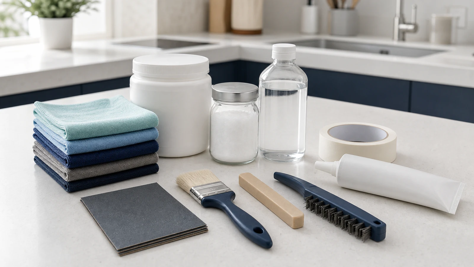 Organized selection of basic cleaning supplies and small repair tools arranged on a white kitchen counter in natural daylight.