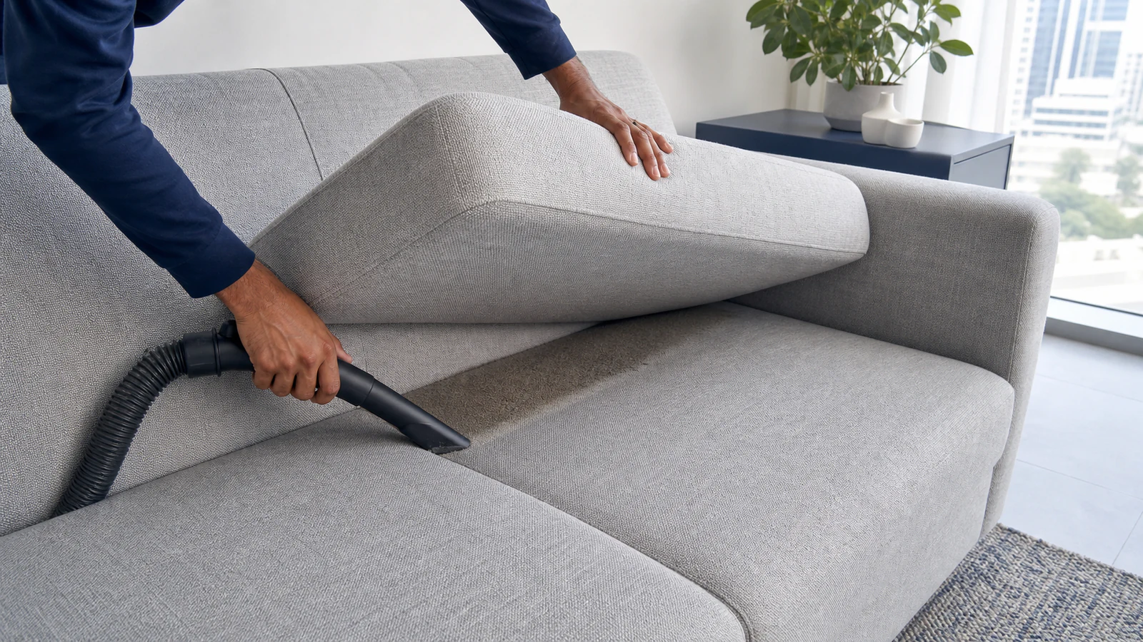 A fabric sofa being refreshed with a clean upholstery vacuum attachment in neutral daylight.