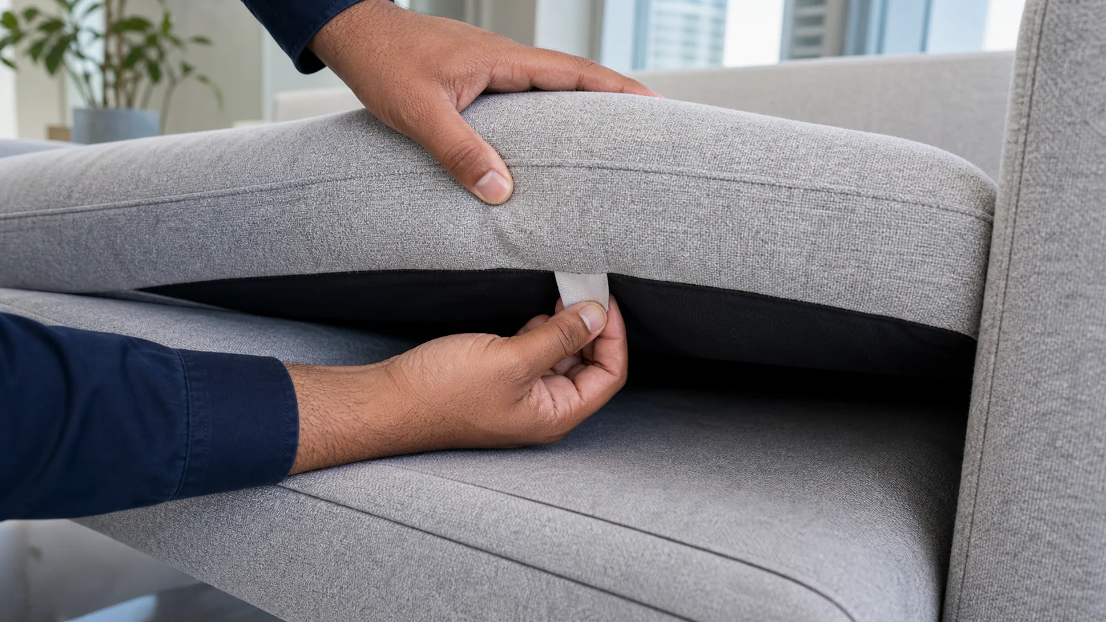 A sofa care label and maker guide checked before any cleaning product is used.
