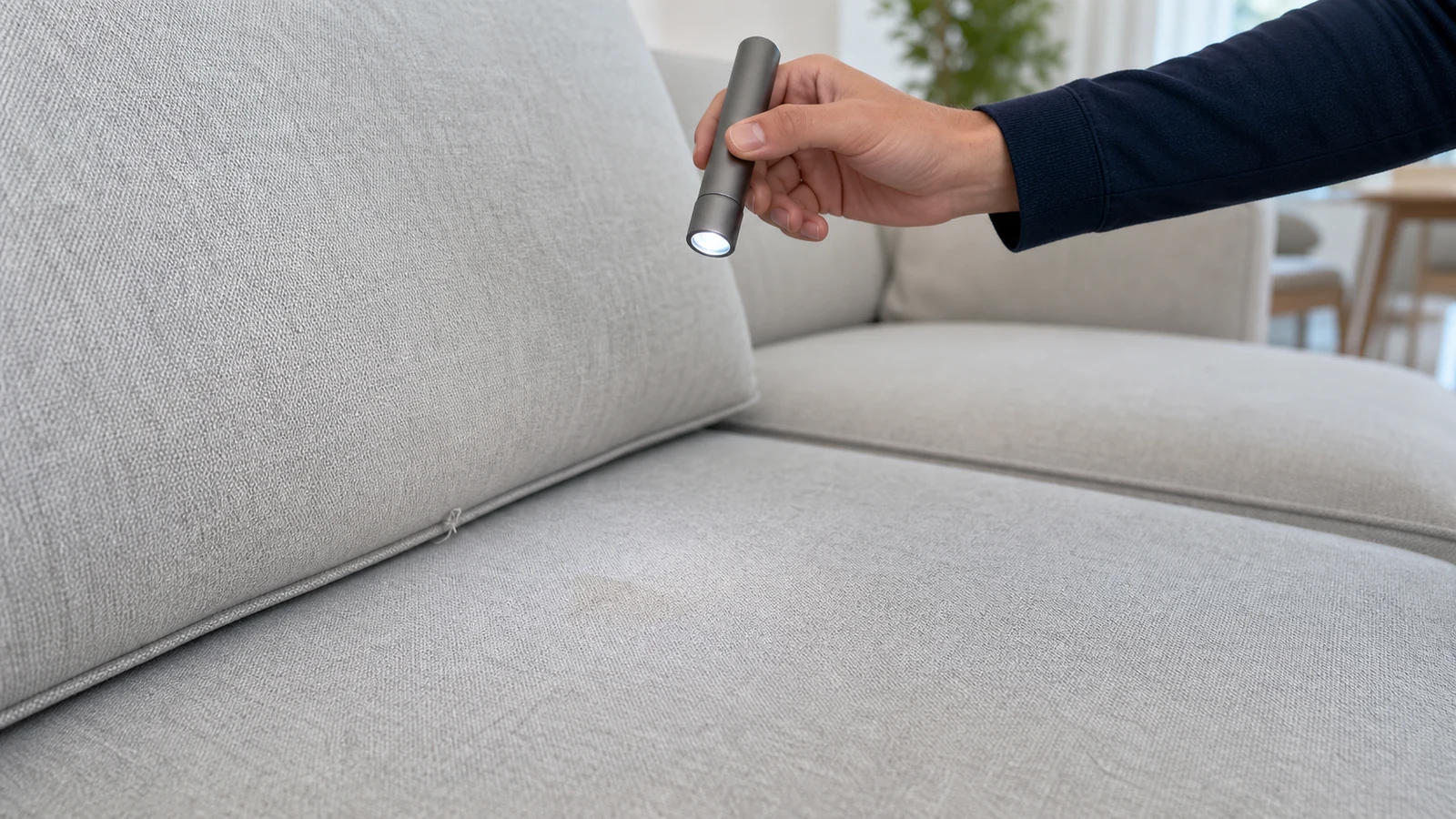 Dry sofa fabric, a cushion seam and an accessible gap inspected under a small flashlight without touching.
