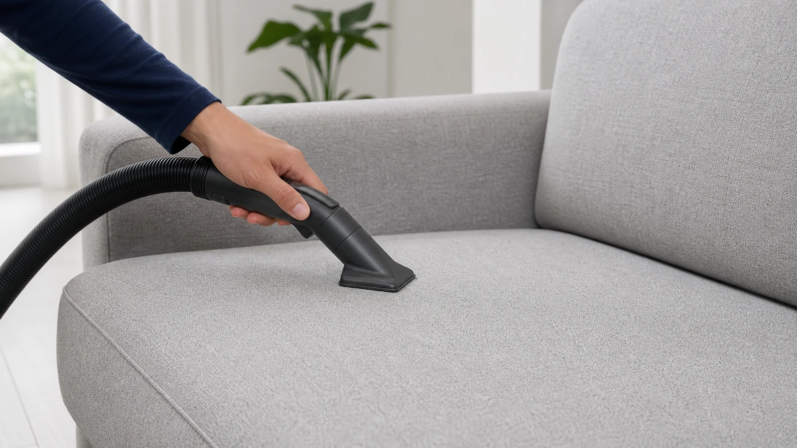 A clean upholstery attachment vacuuming loose dry soil from an intact sofa seam.